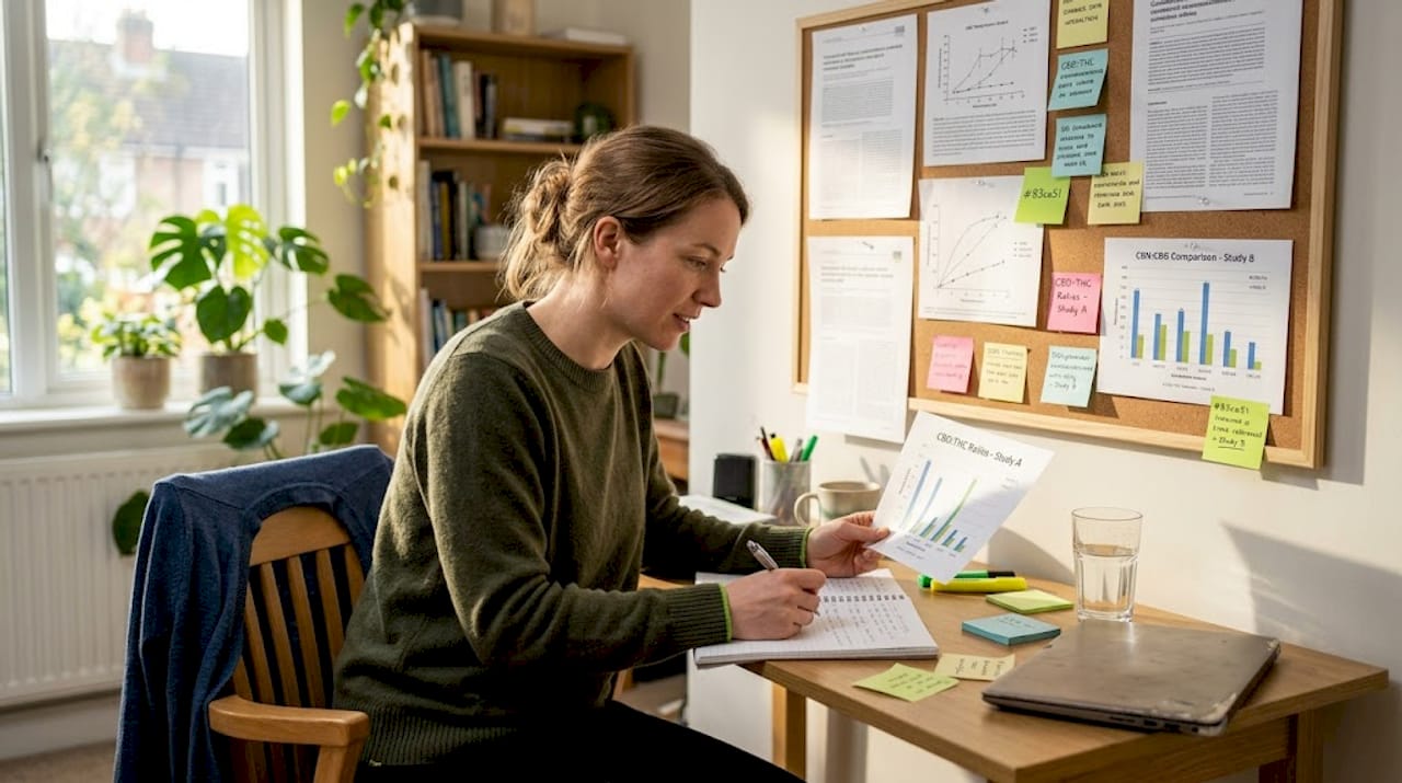 Scientist analyzing cannabinoid ratio study notes