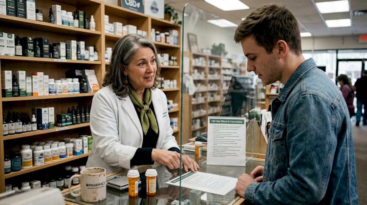 Pharmacist discusses CBD side effects with customer