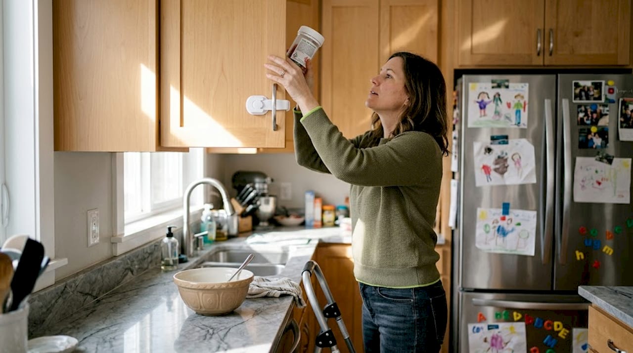 Woman locking THC edibles in high kitchen cabinet