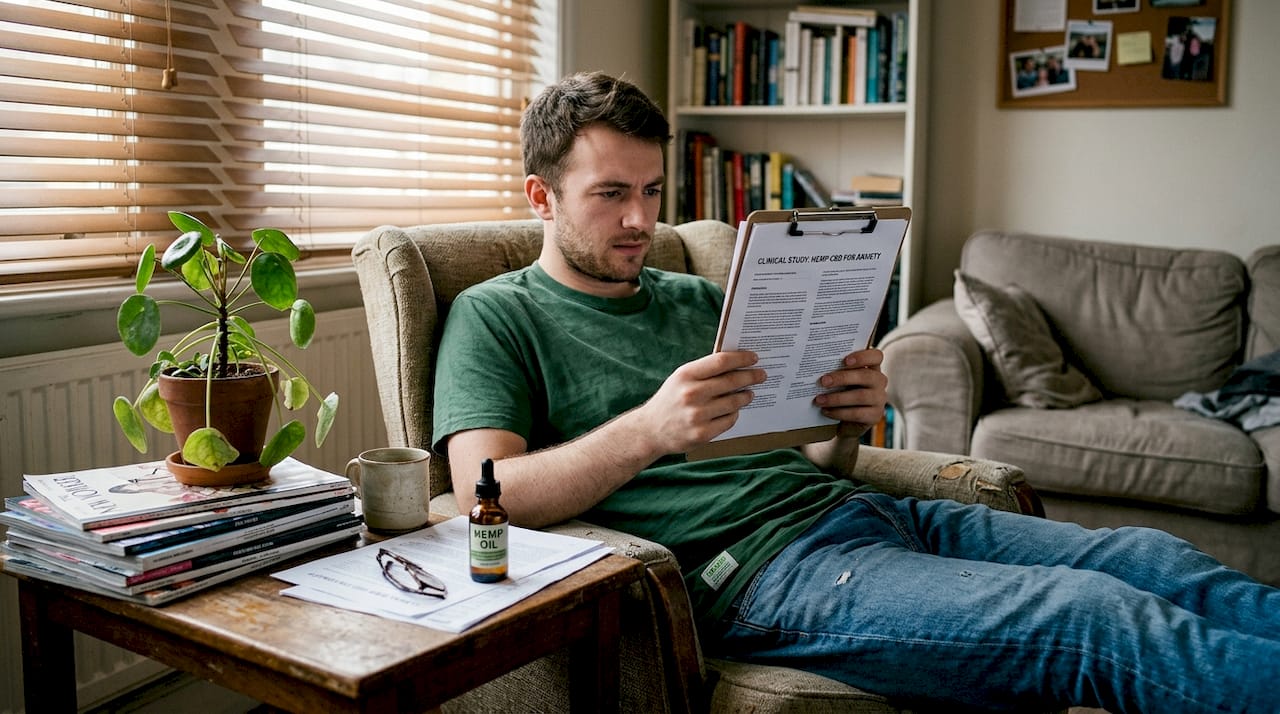 Man reads CBD study in living room