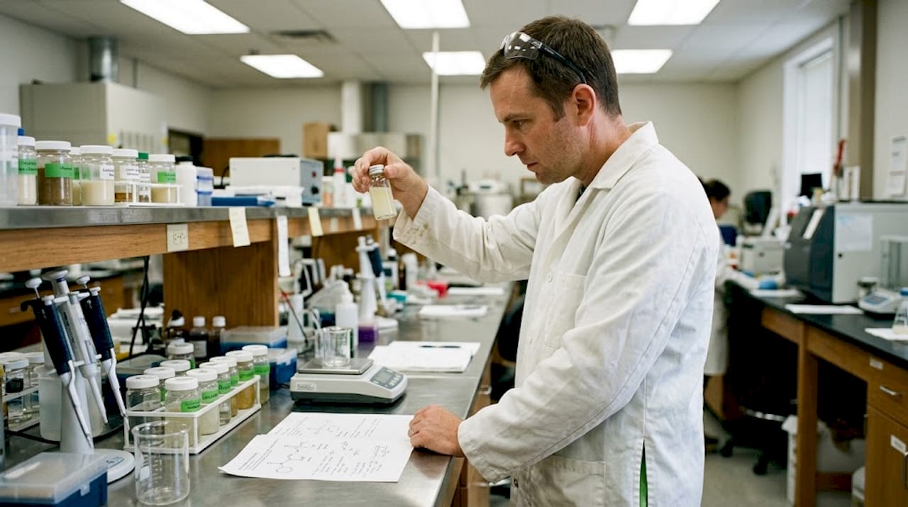 Lab technician inspects nanoemulsified edible vial