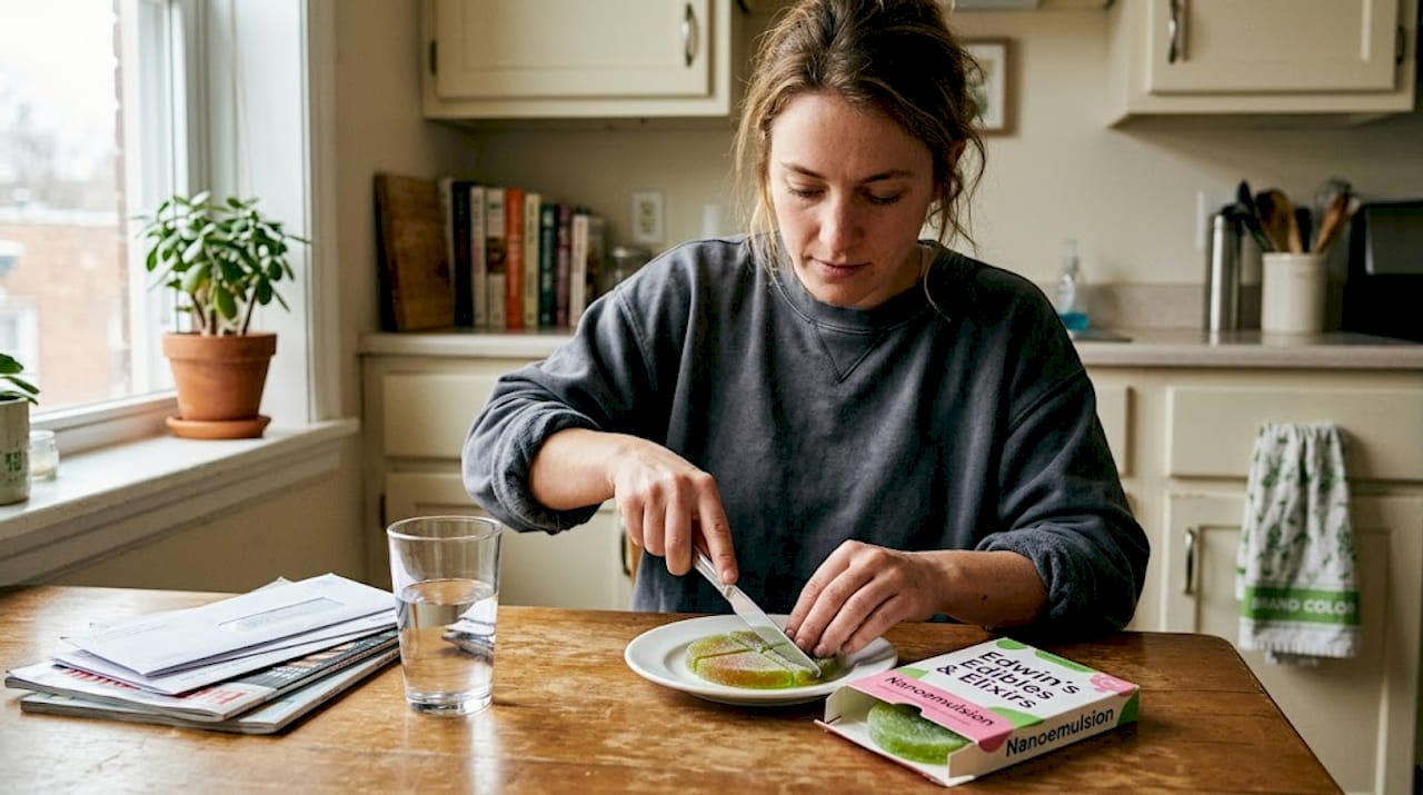 Woman splitting edible in everyday kitchen