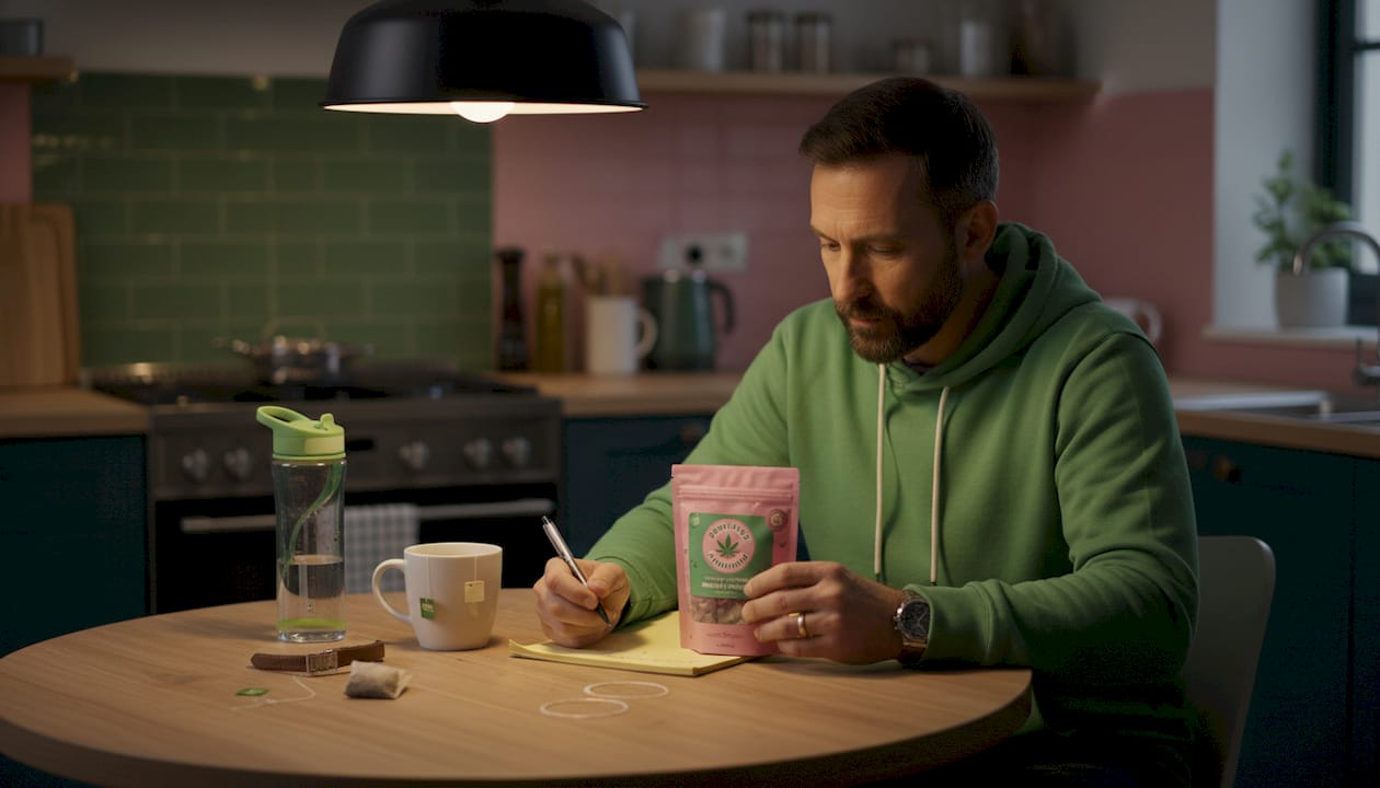 Man assembles sleep toolkit with cannabis products