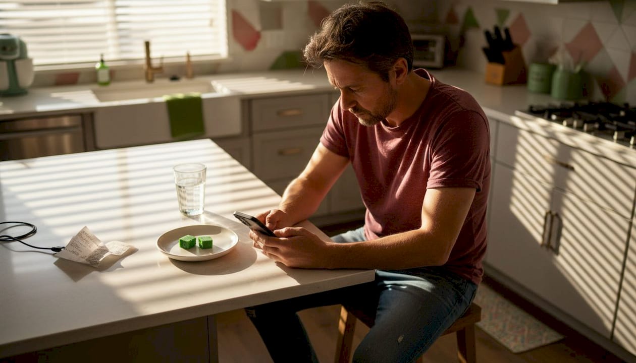 Man timing edible onset with phone in kitchen