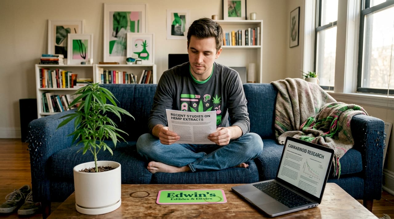 Man reads hemp extract research in living room