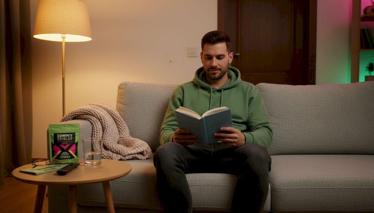 Man unwinding with sleep cannabis gummies