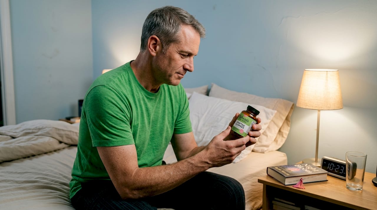 Man reading edible label before nighttime routine