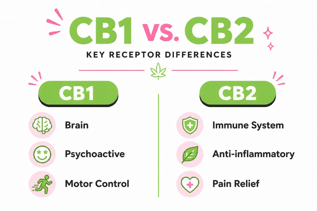 Split infographic comparing CB1 and CB2 receptor roles