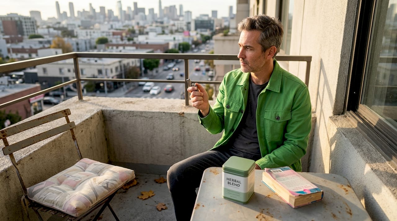 Man weighs smoking decision on apartment balcony