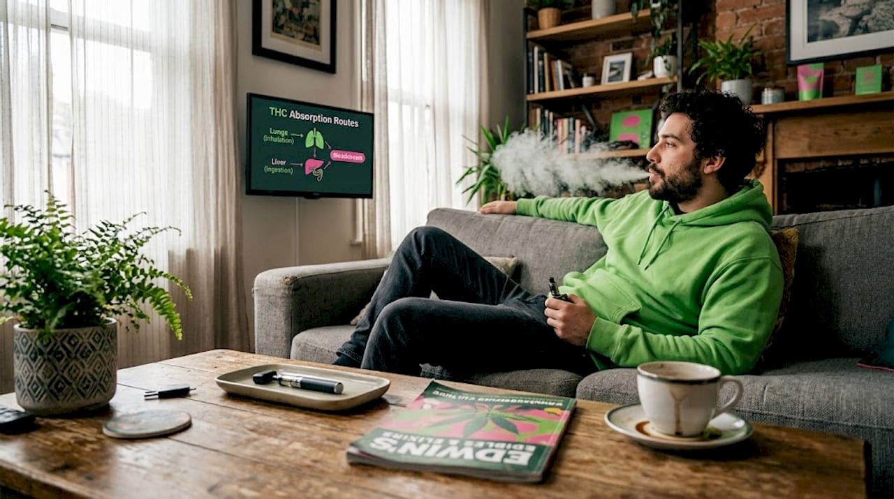 Man vaping cannabis in relaxed living room