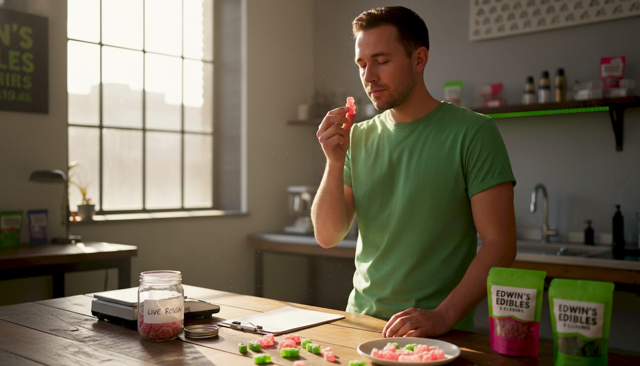 Lab worker checks aroma of fresh gummies