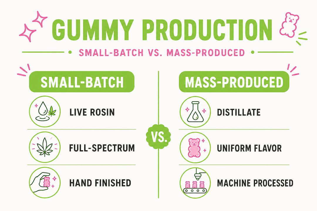 Infographic comparing small-batch and mass-produced gummies