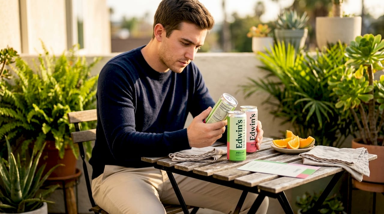 Man comparing infused beverage nutrition labels