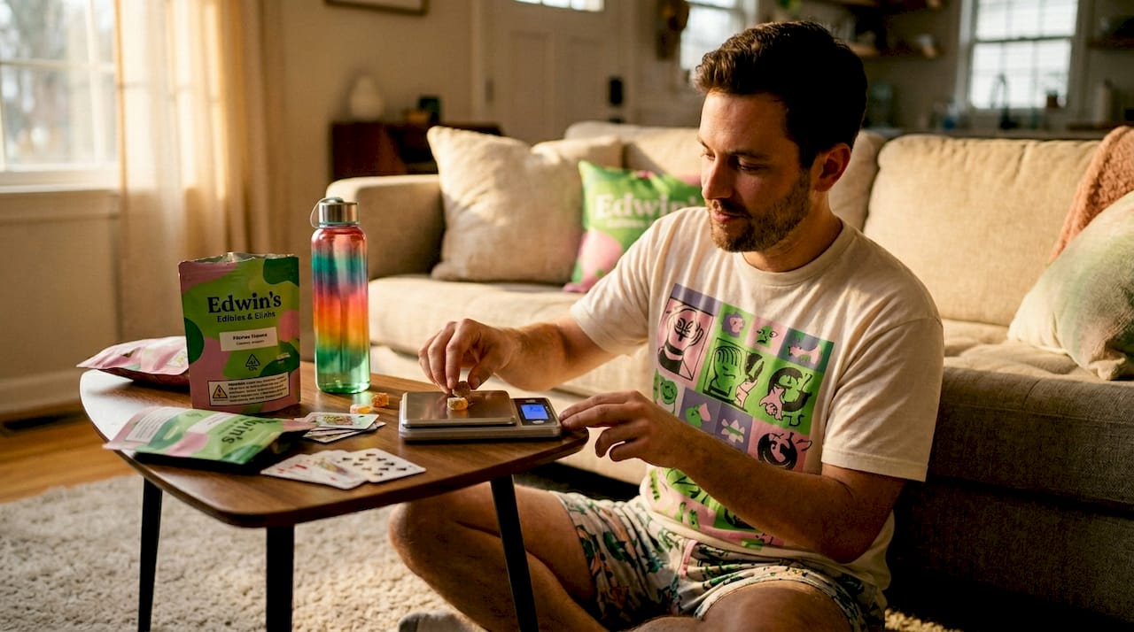 Man measures cannabis edibles for dose on kitchen counter
