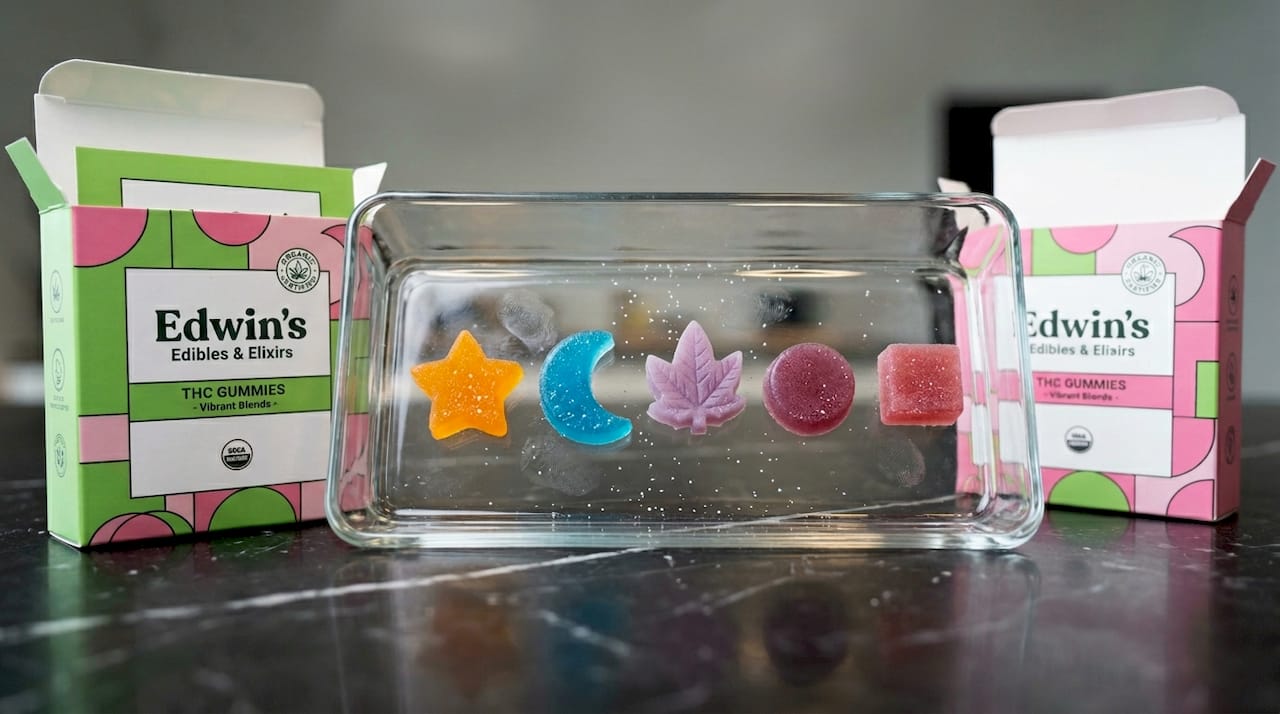 Organic THC gummies on glass tray
