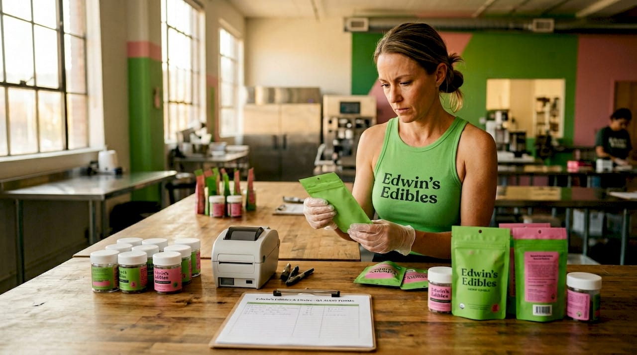 Quality manager auditing hemp edible packaging