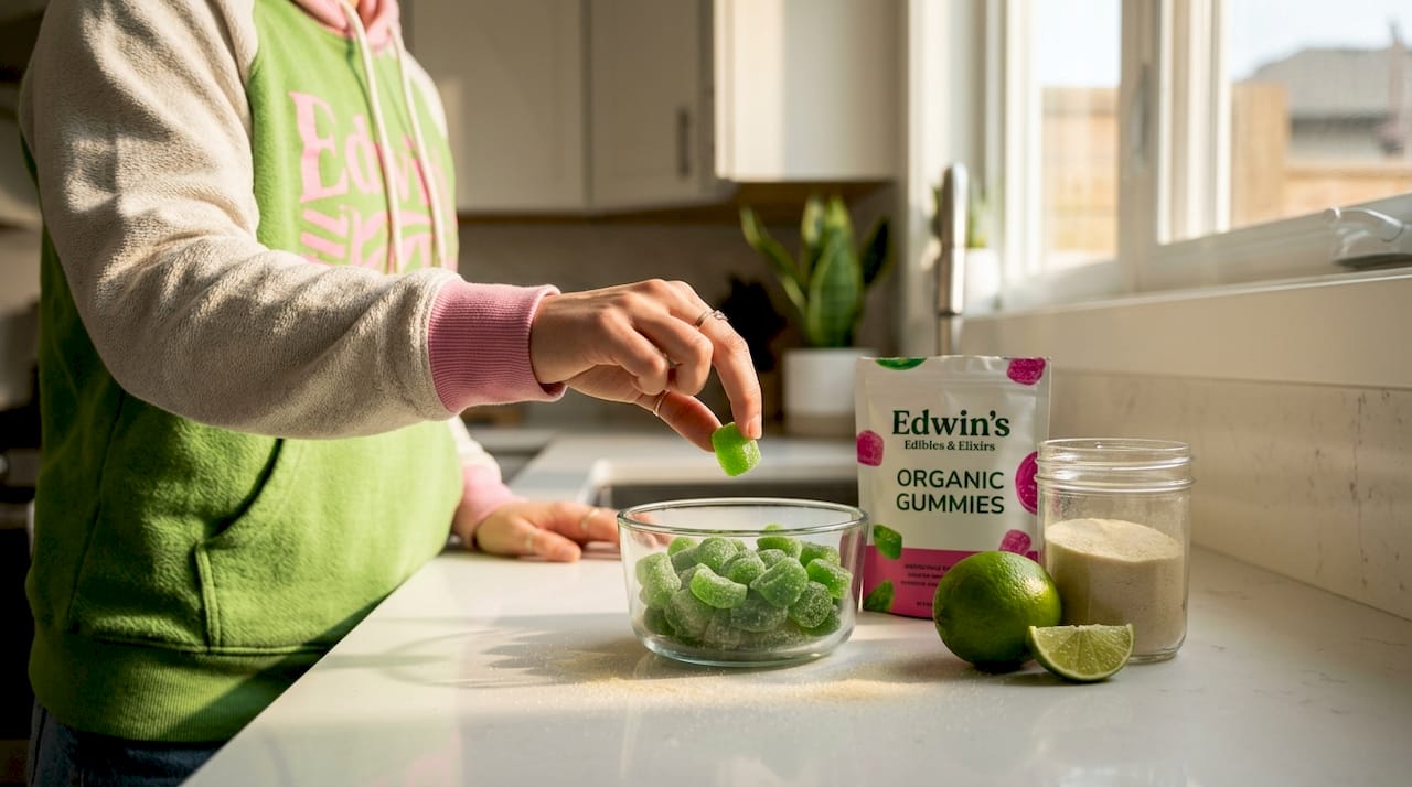 Hand reaching for gummy on kitchen counter