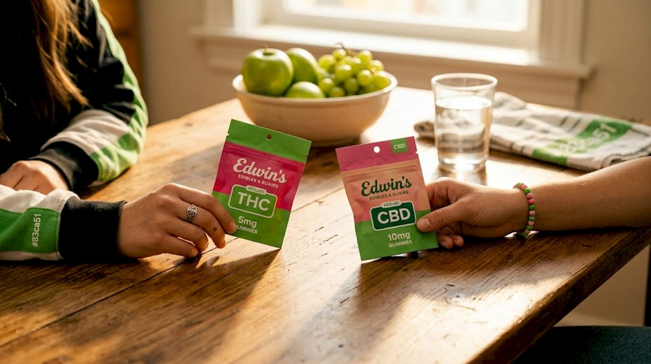 Hands comparing THC and CBD edibles on countertop