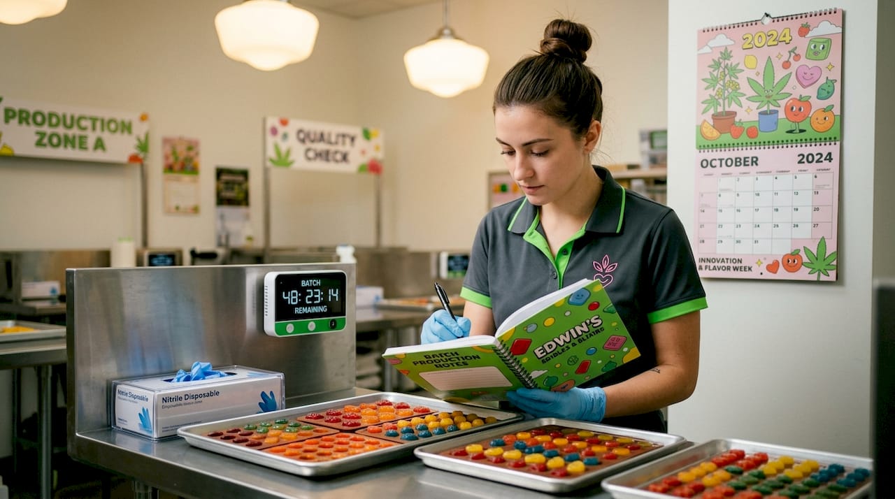 Quality control specialist inspecting cannabis gummies