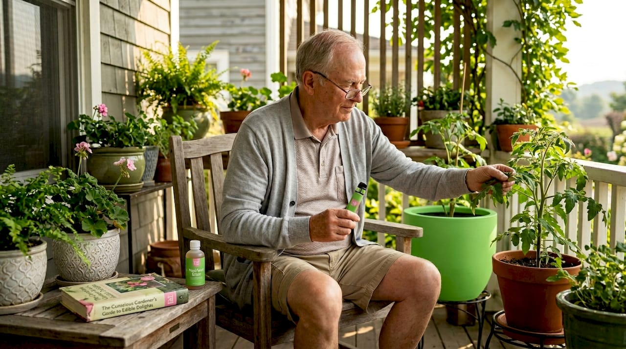 Older man using vape pen while gardening