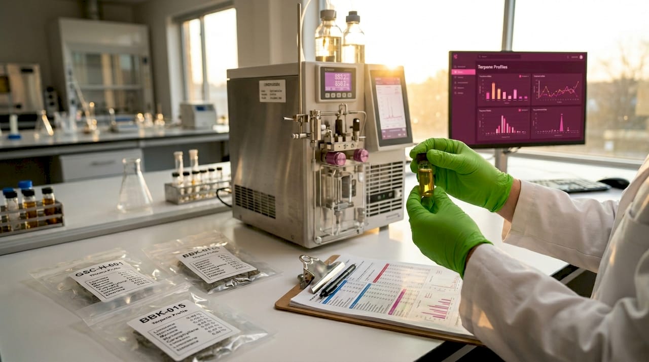 Close-up of cannabis lab testing instrumentation