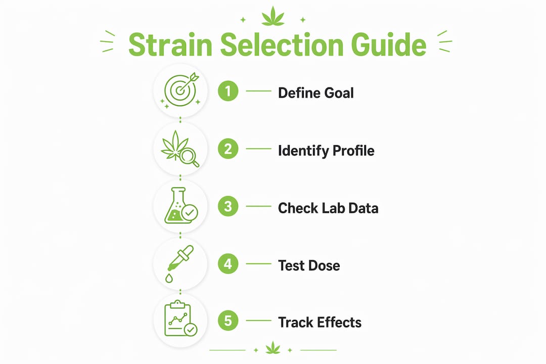 Infographic showing 5-step cannabis strain selection process