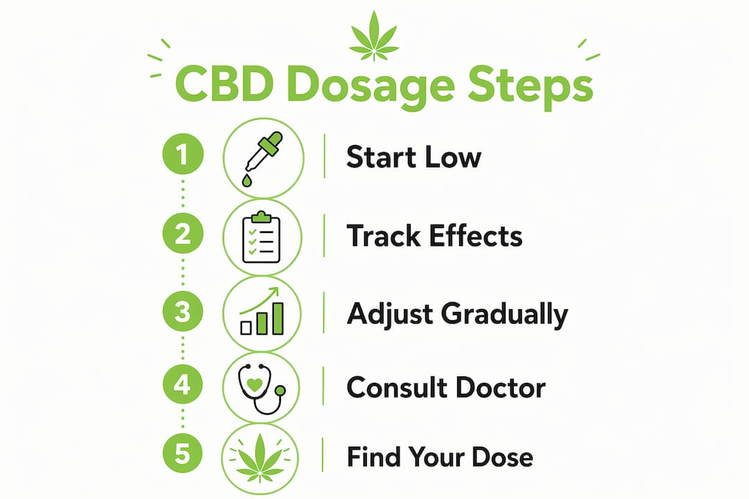 Infographic showing steps to start and adjust CBD dosage safely