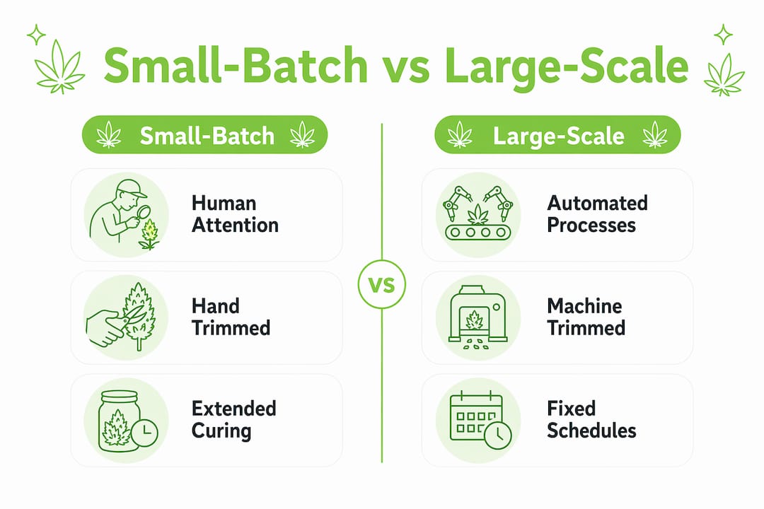 Infographic comparing small-batch and large-scale cannabis production