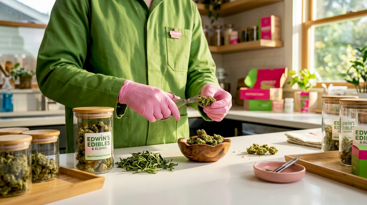 Hands hand-trimming cannabis flower indoors