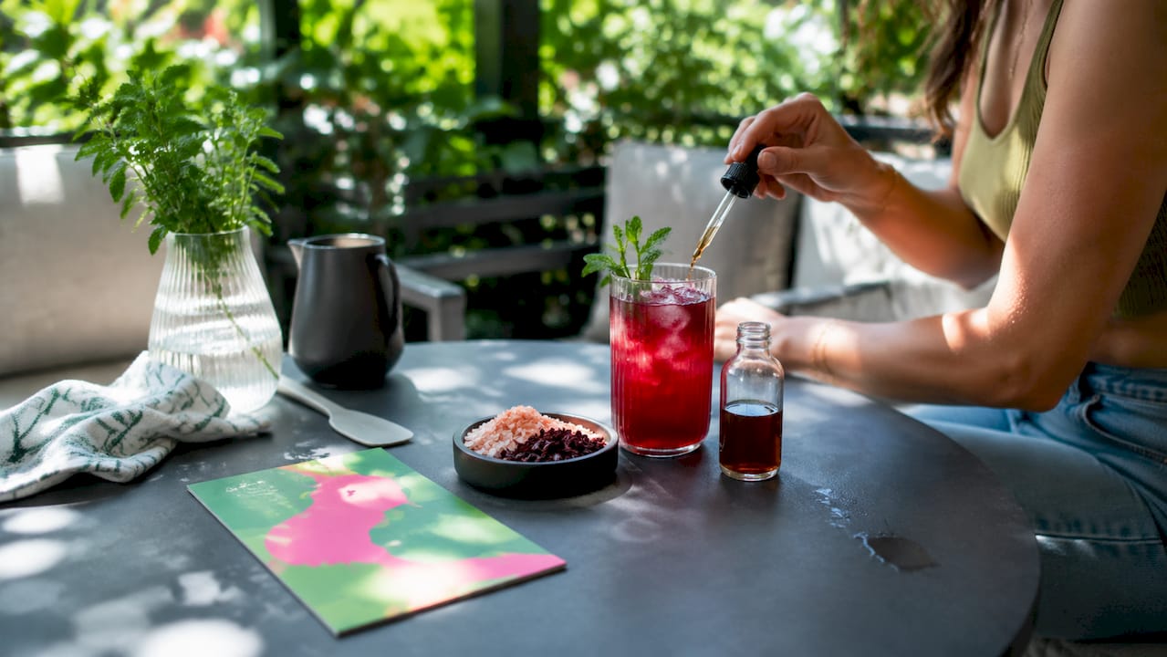 Top-down view of THC drink ingredients