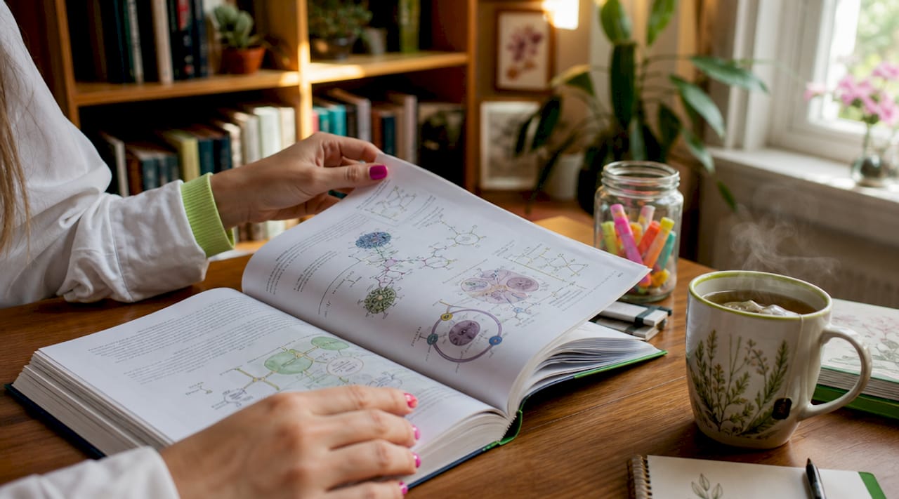 Hands scrolling molecular diagrams on tablet at home desk
