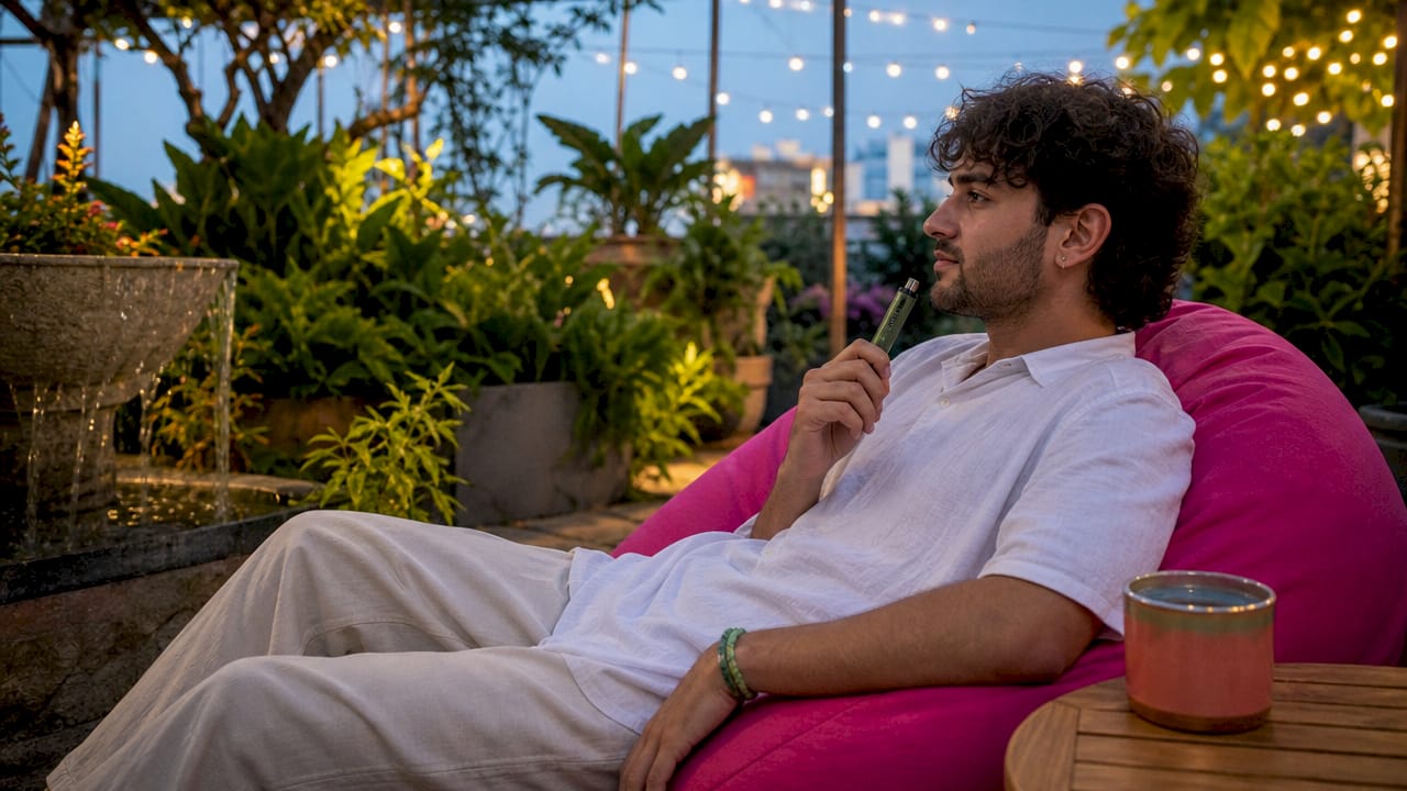 Man holding vaporizer in living room setting