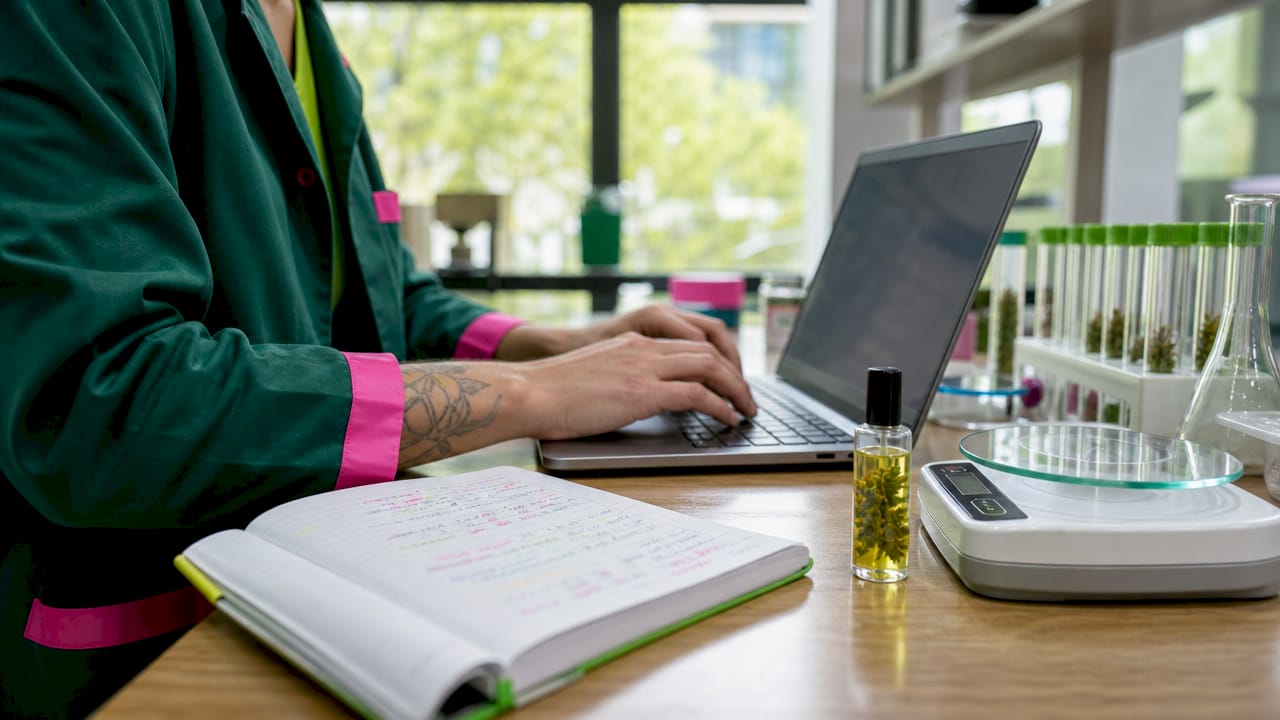 Technician entering batch codes on laptop in lab