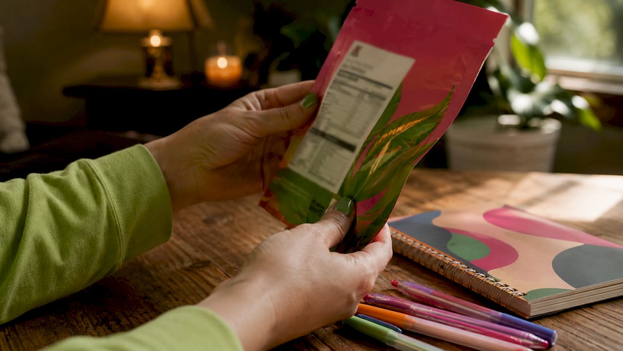 Hands holding cannabis edible package and reading label