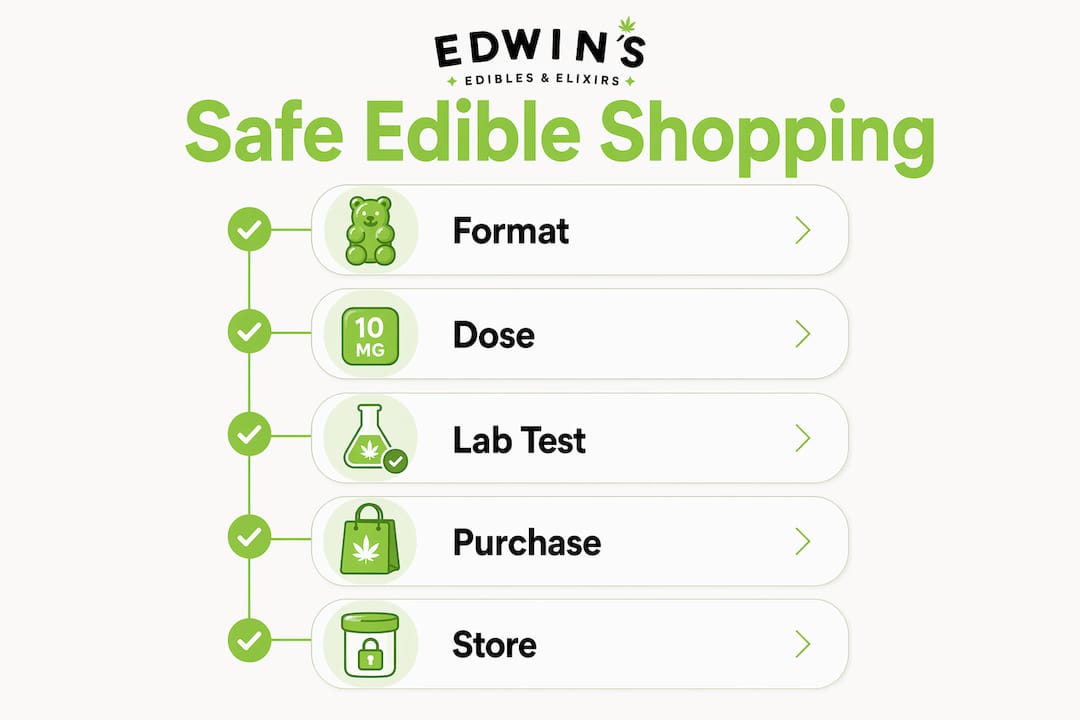 Vertical steps infographic for safe edible shopping