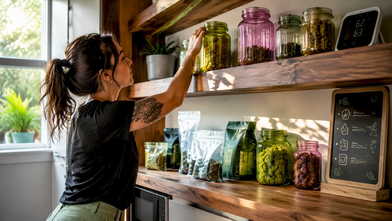 Cannabis edibles stored in organized airtight containers