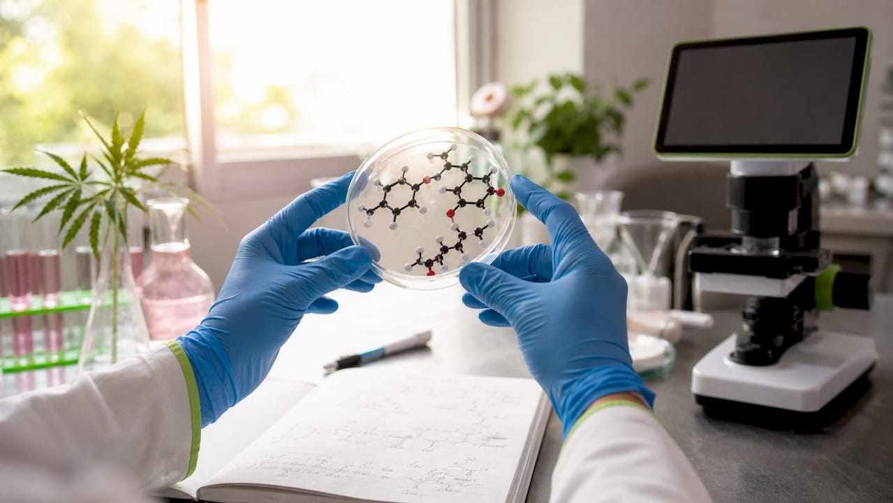 Hands holding cannabinoid molecule models in lab