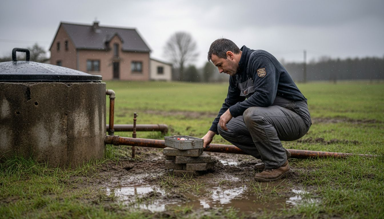 Un technicien effectue l’entretien d’une fosse septique en Belgique.