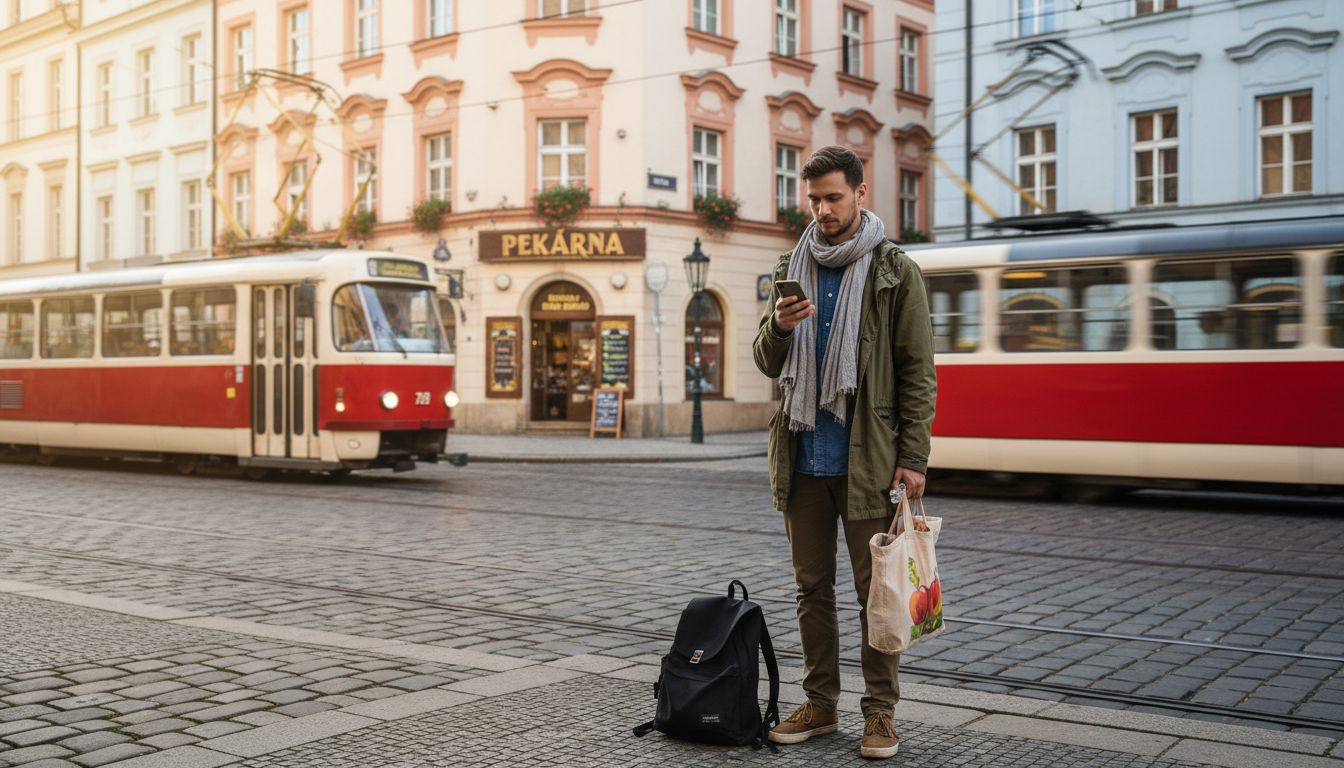 Expat at Prague tram stop with groceries