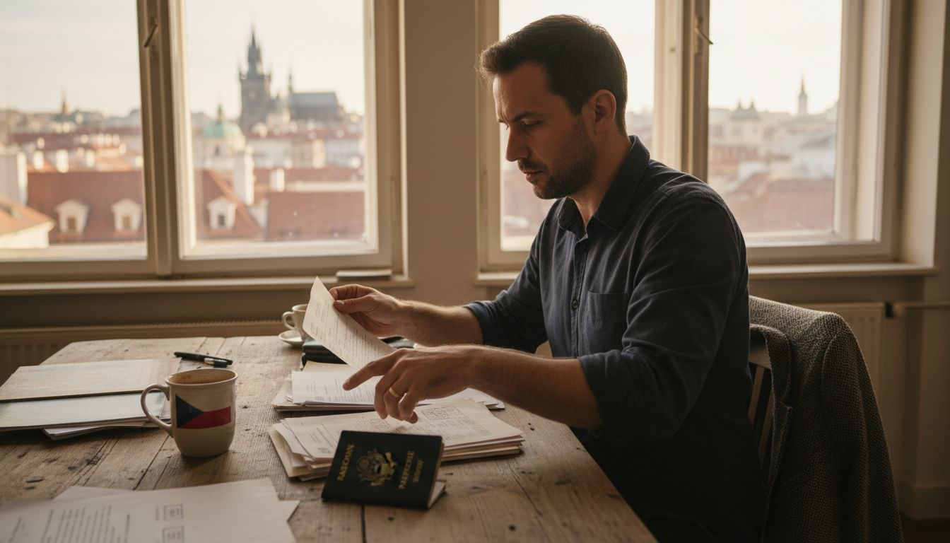 Man organizing visa paperwork at messy desk