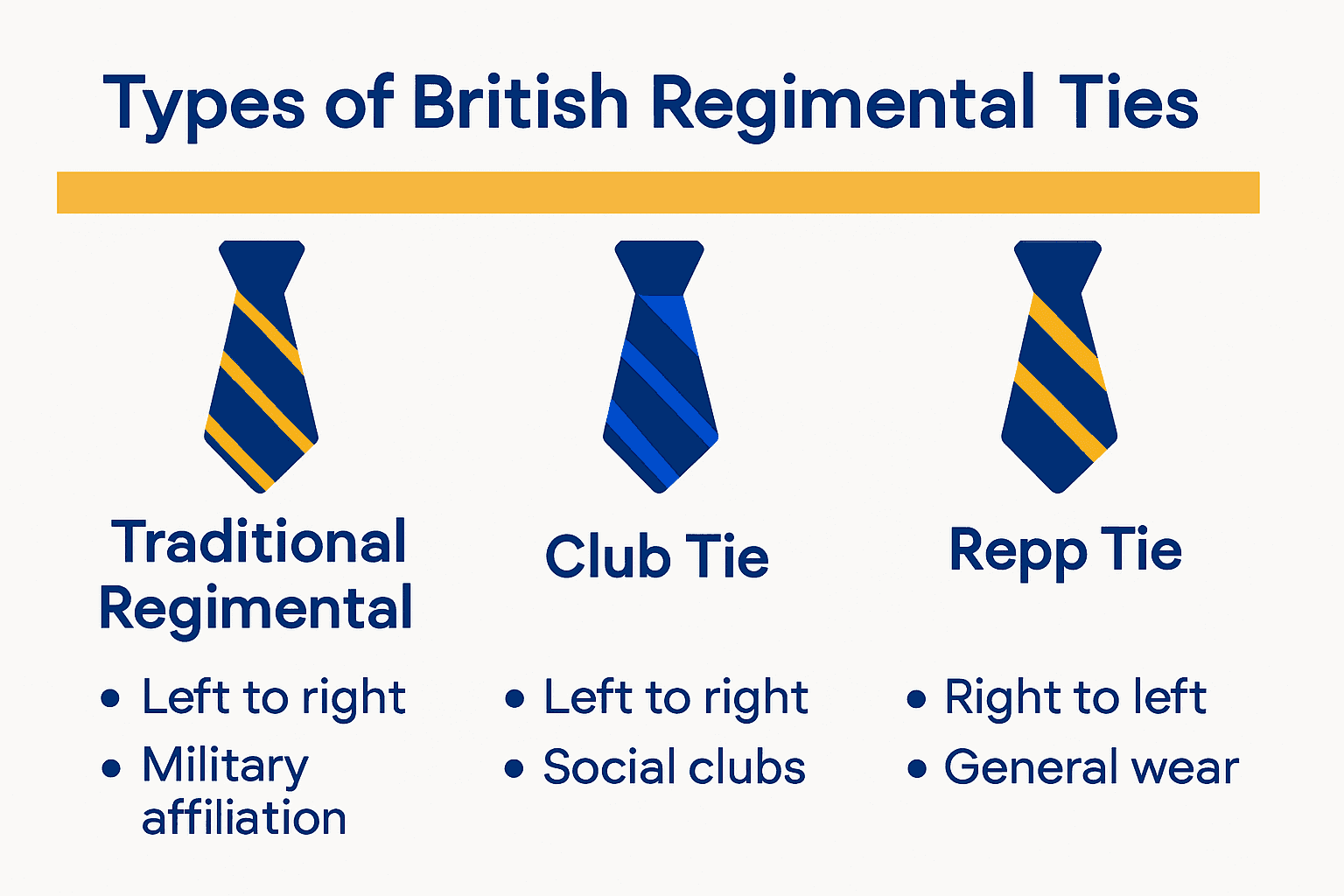 Infographic comparing types of British regimental ties with icons and bullet points.