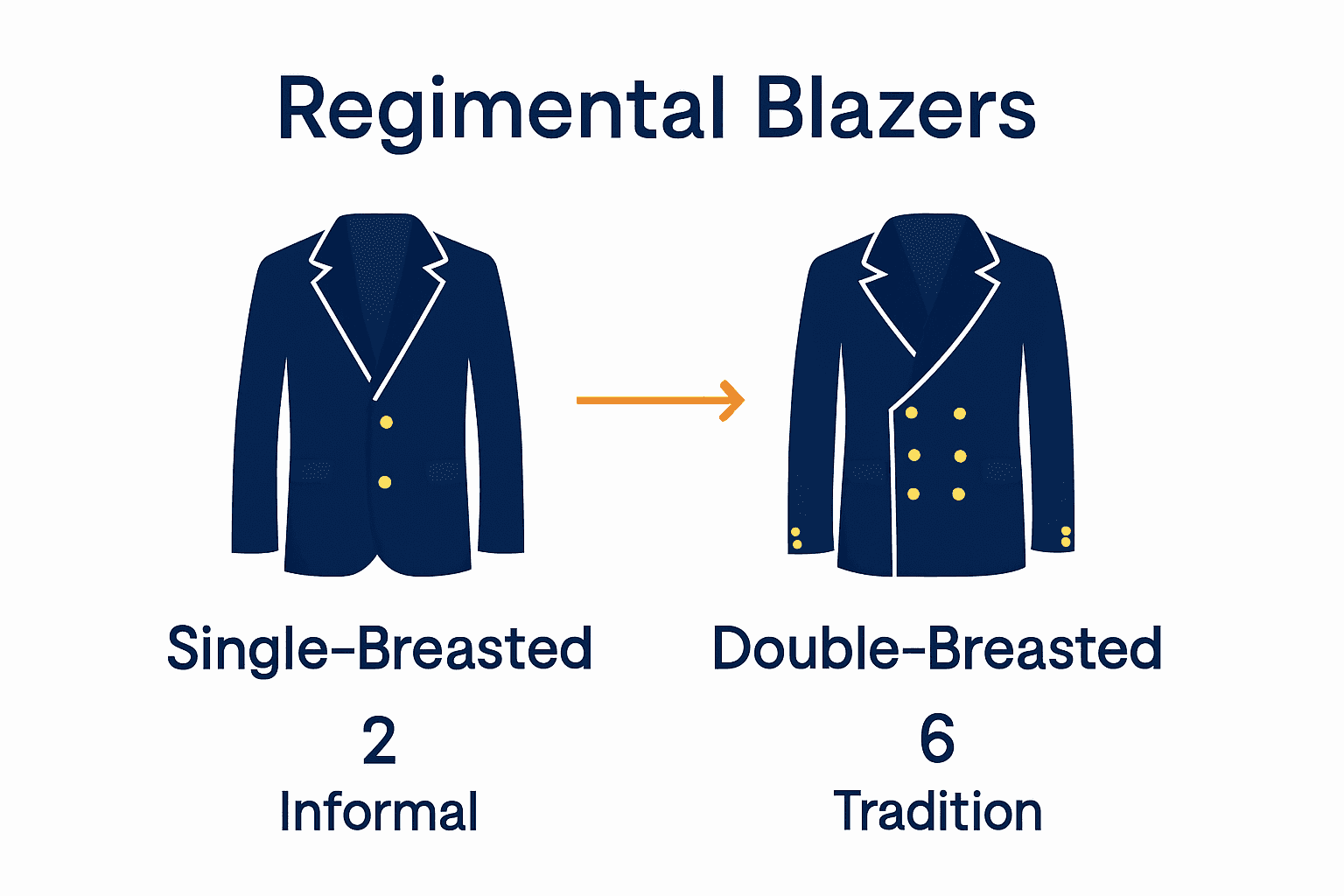 Infographic comparing single-breasted and double-breasted regimental blazers features and typical uses.