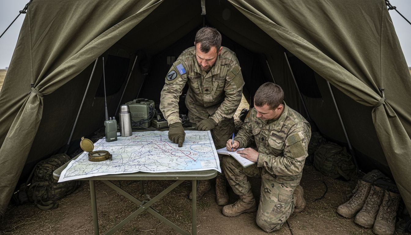 Artillery officers coordinating in field tent