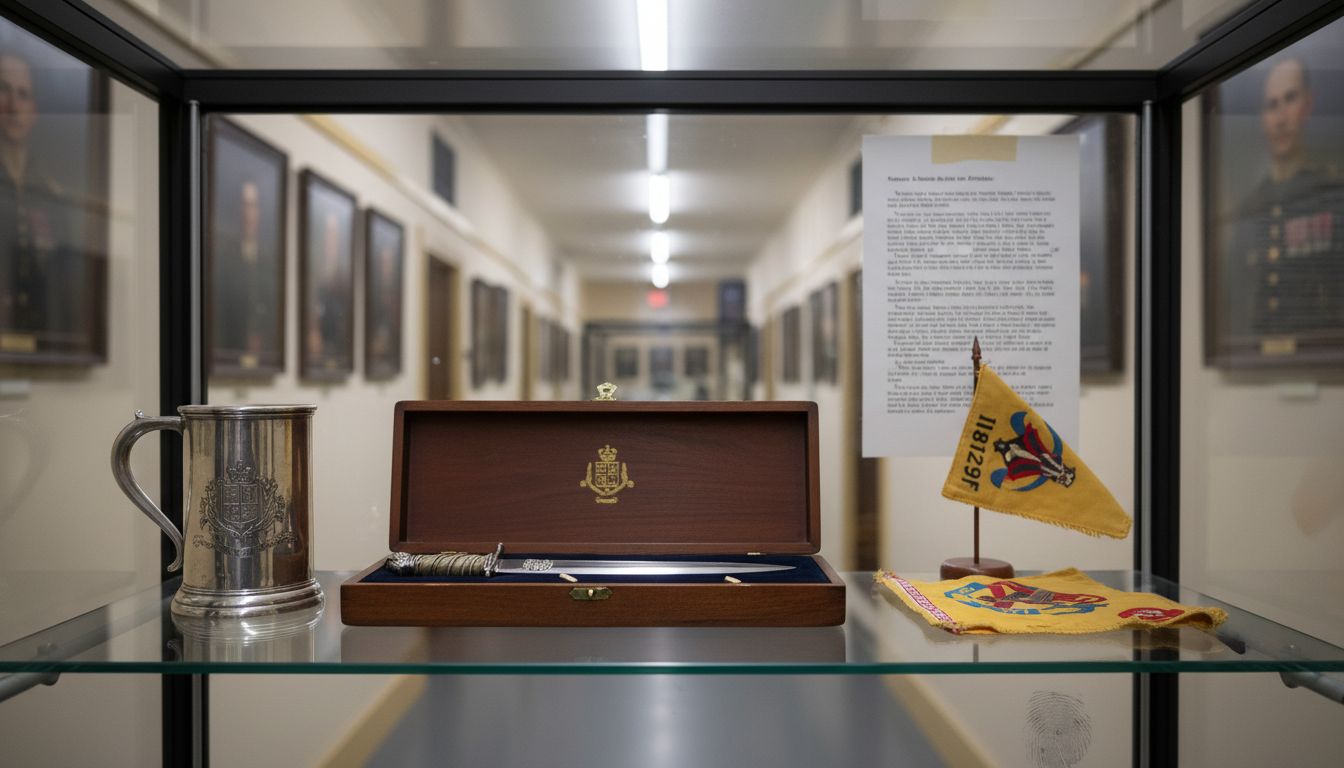 Military gifts displayed in glass case