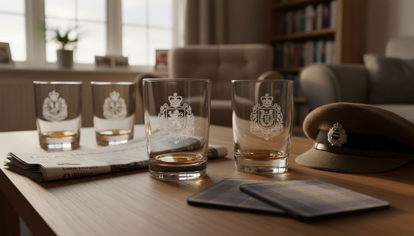 Engraved whisky tumblers and beret on table