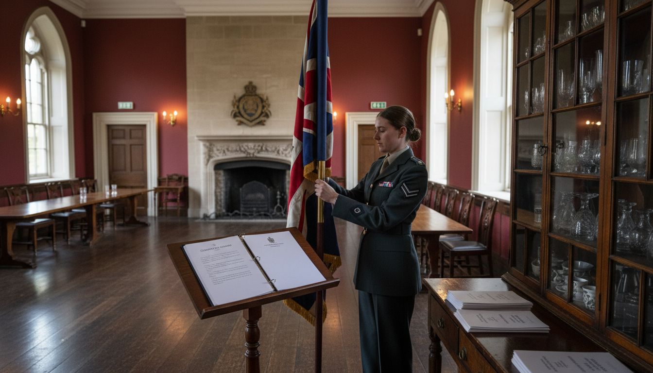 NCO arranges flag in prepared mess room