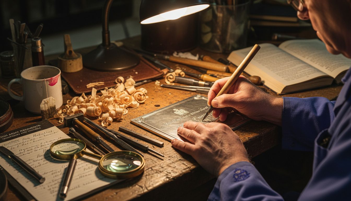 Engraver customising military plaque in workshop
