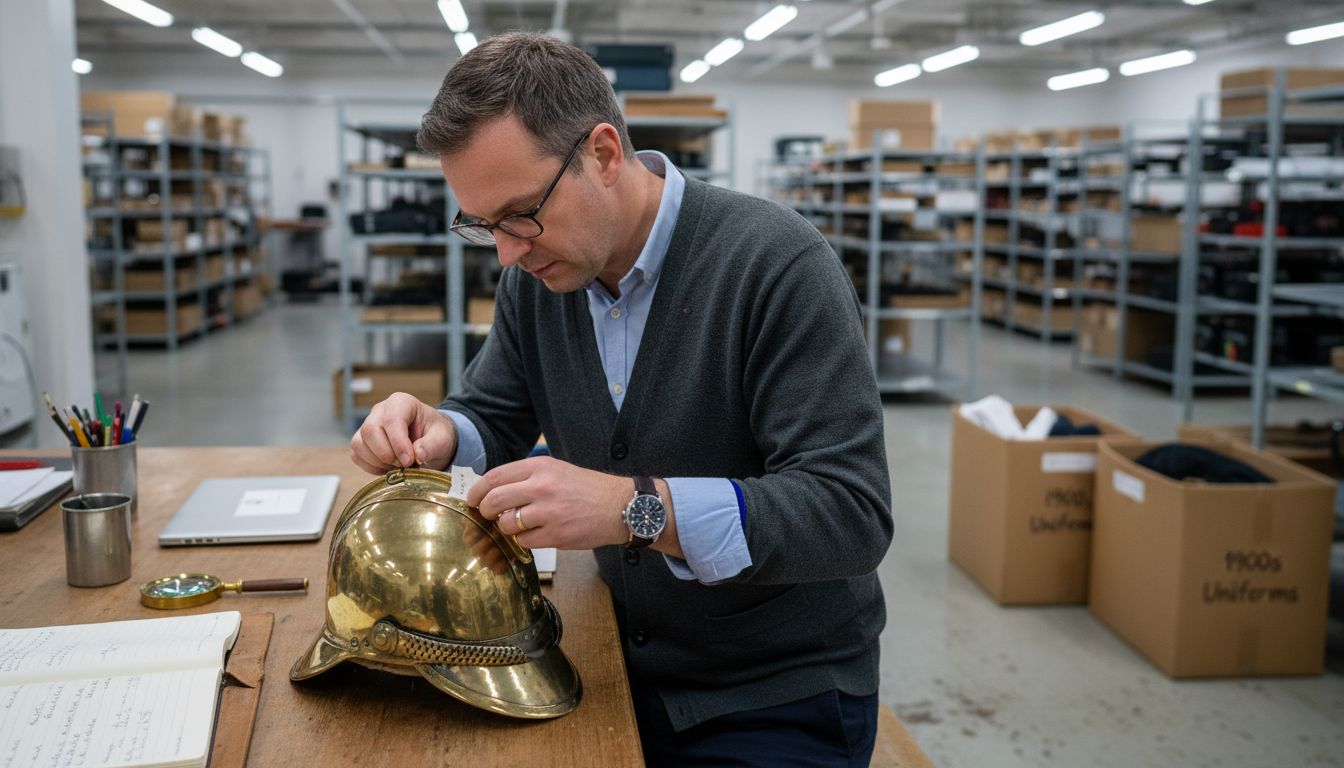 Curator labeling regimental helmet in archive