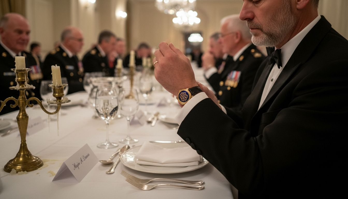 Man fastening cufflinks at regimental dinner