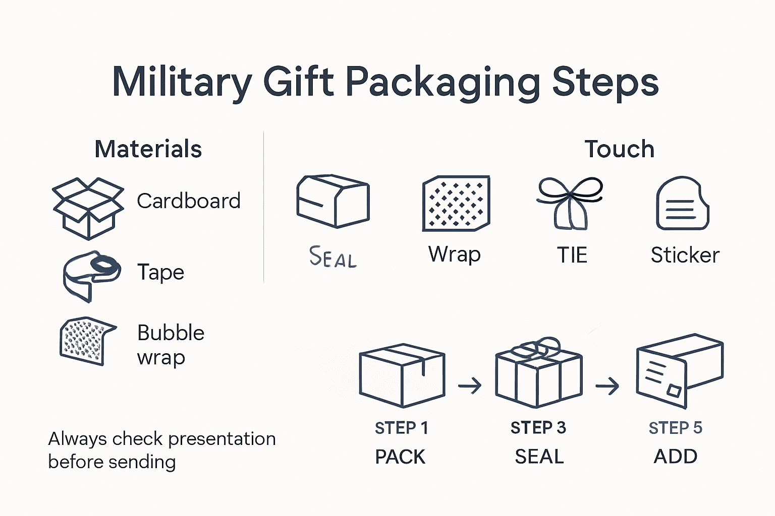 Infographic showing steps for packaging military gifts